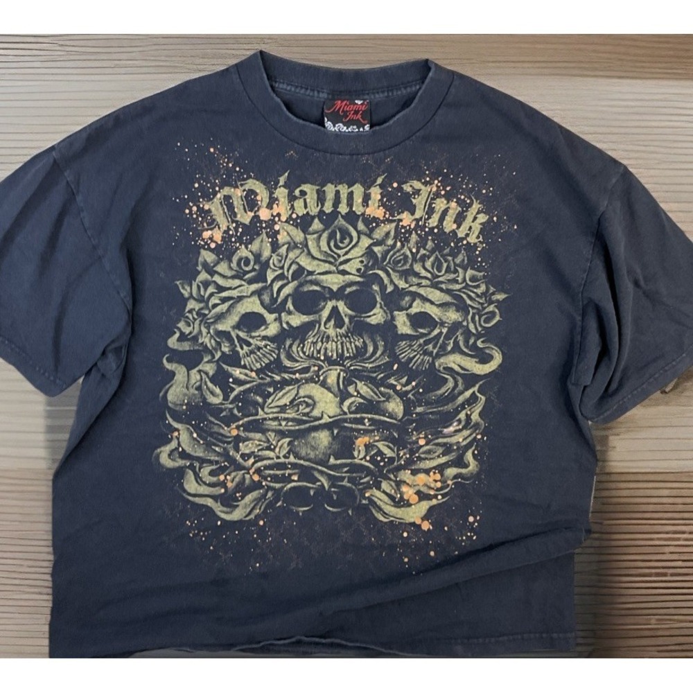 Vintage Miami Ink T-Shirt Men XL Tattoo Skull Y2K Punk Short Sleeve Grunge Faded